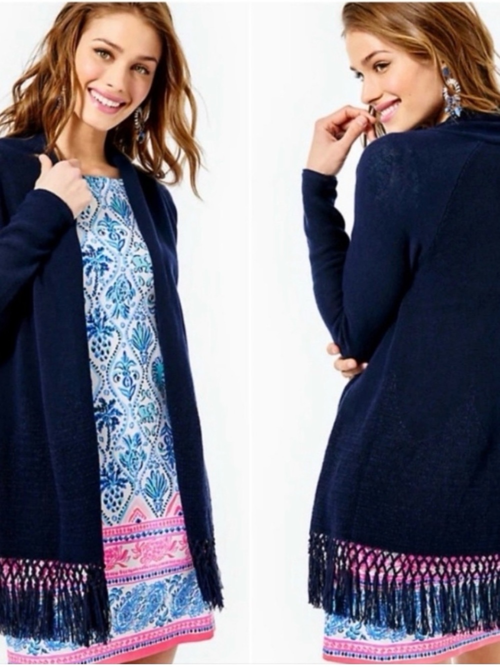 💕 Lilly Pulitzer Navy Open-Front Fringe Hem Cardigan